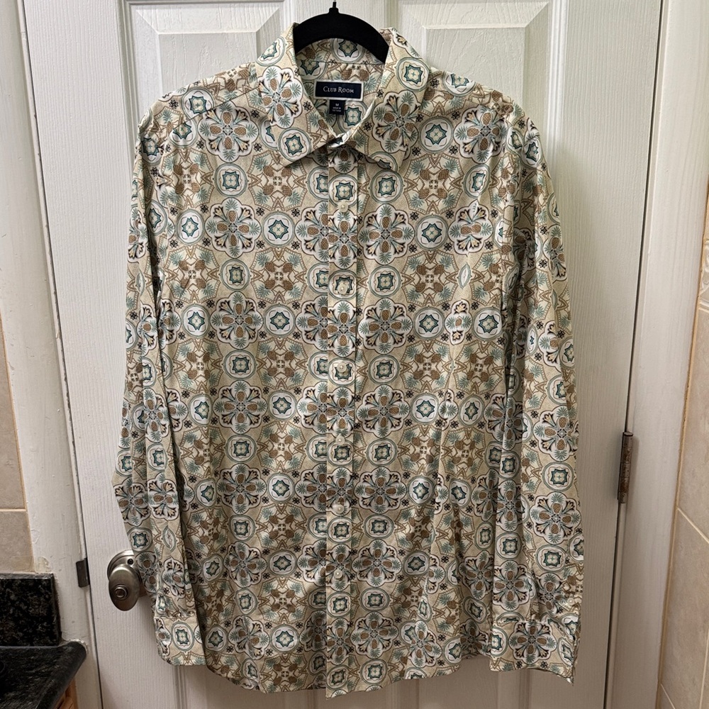 Club Room Men's Floral Geometric Shirt - Tan and Green